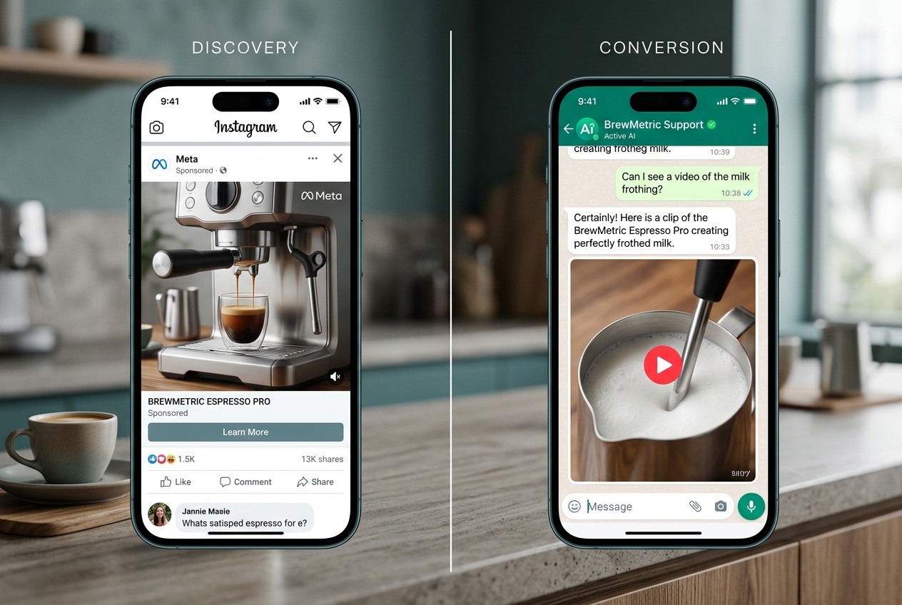 A mockup showing the seamless transition from a social media ad to an interactive chat experience.