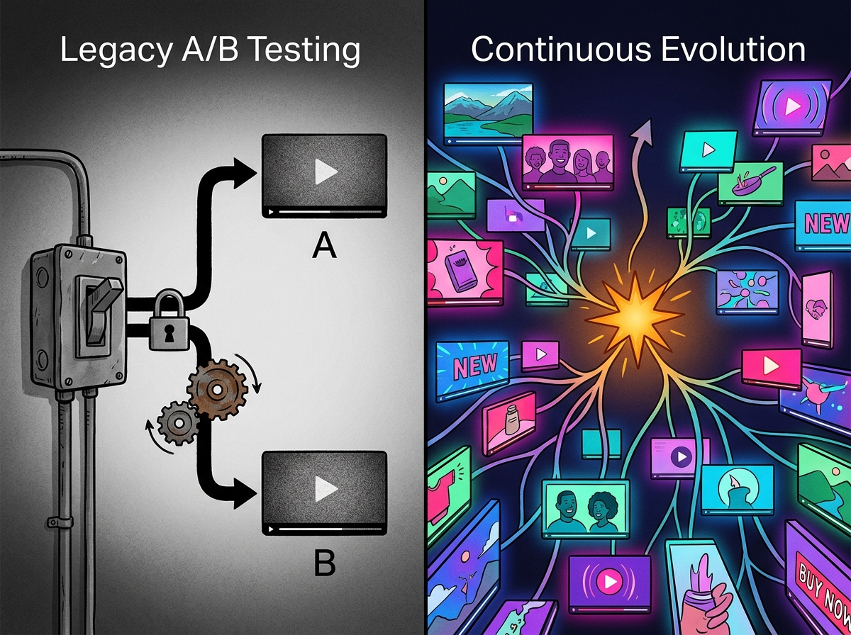 Comparison between traditional A/B testing and AI-driven continuous creative evolution.