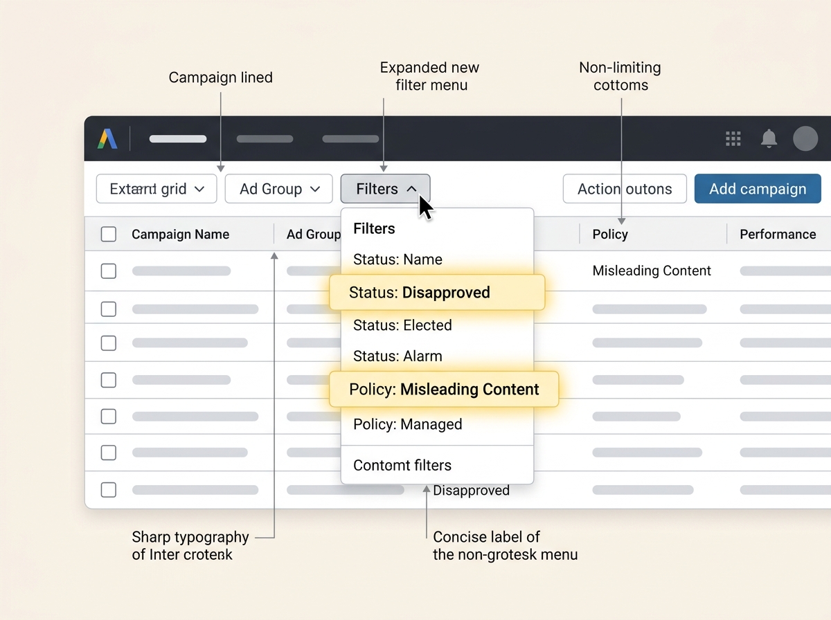 A diagram showing how to filter for specific ad policy violations in a marketing platform.