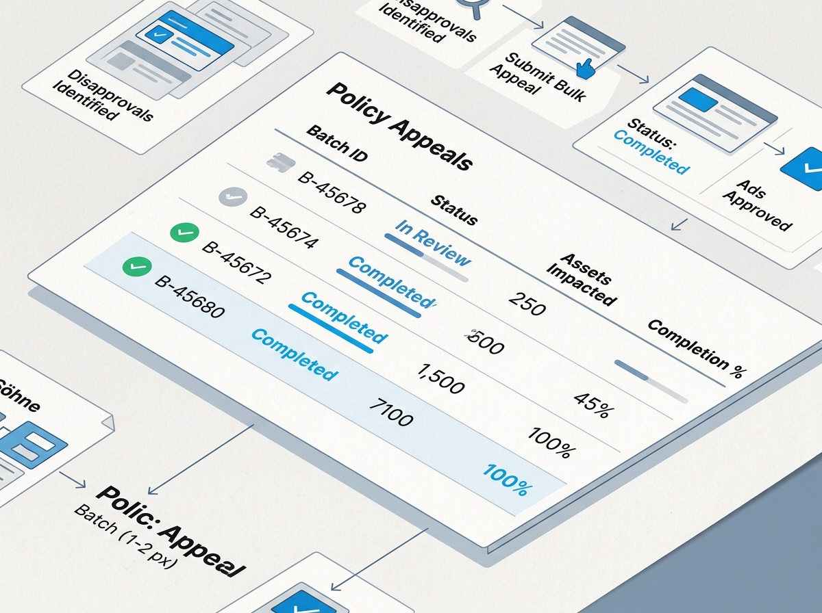 An isometric view of a policy appeals tracking dashboard showing the progress of various batches.