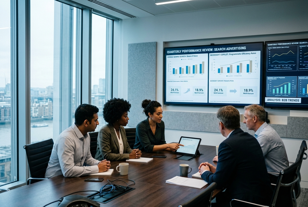 Marketing strategists analyzing AI search data and campaign performance on large monitors.