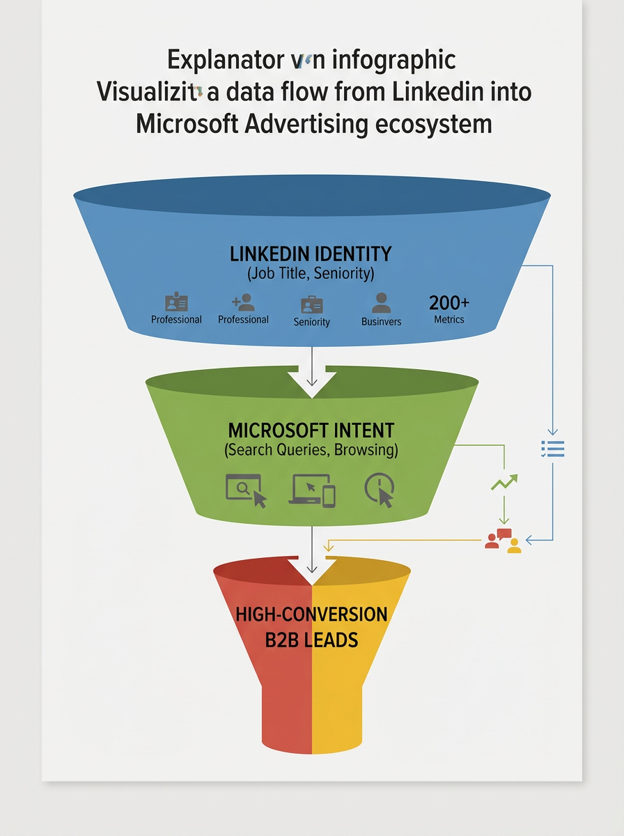 A diagram showing the flow of LinkedIn professional data into the Microsoft programmatic advertising funnel.