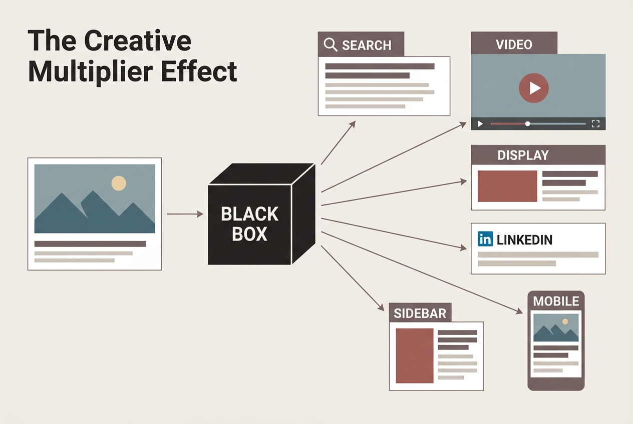 Infographic showing how a single creative asset is transformed by AI into multiple ad formats.