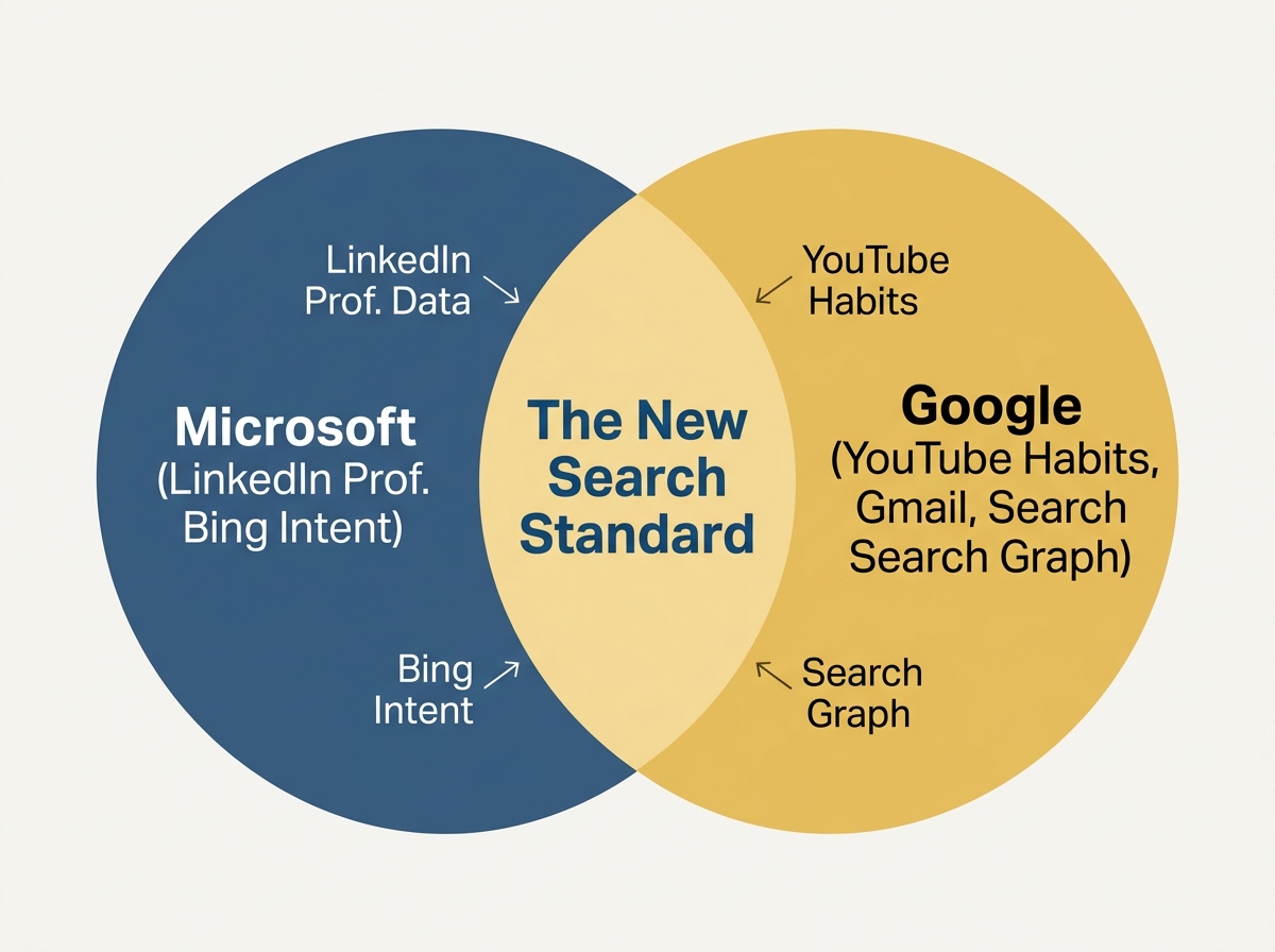 Venn diagram comparing the unique targeting data points of Microsoft AI Max and Google PMax.