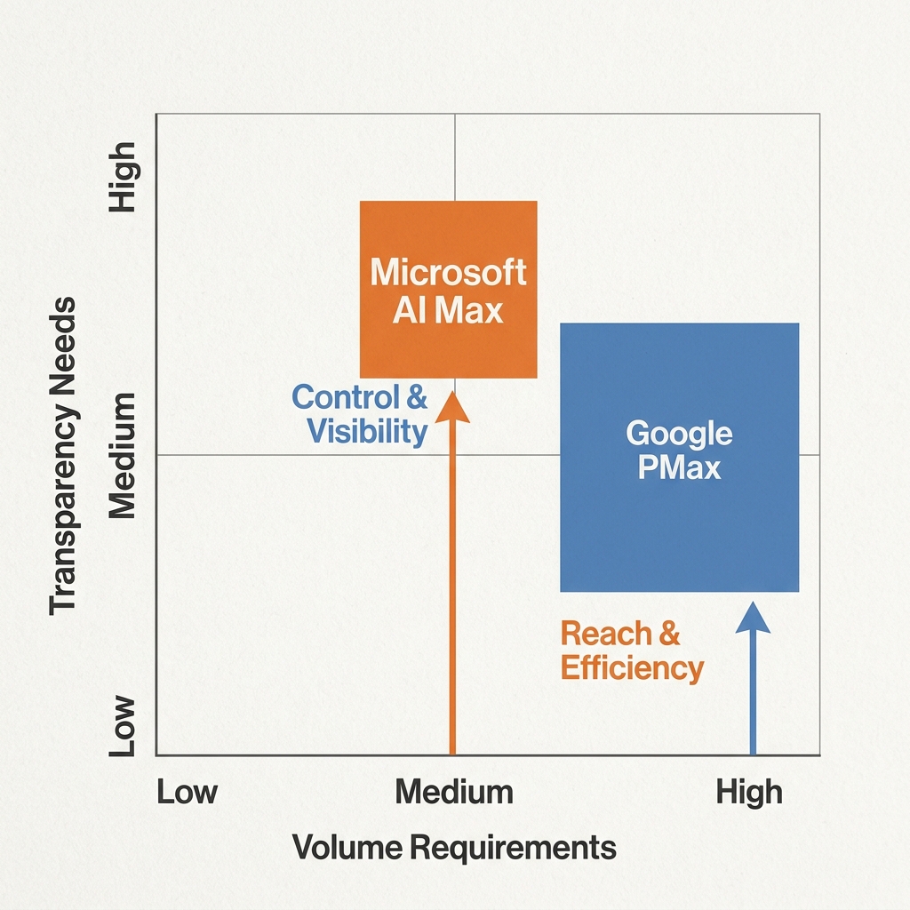 A decision matrix helping marketers choose between Microsoft AI Max and Google PMax based on their needs.