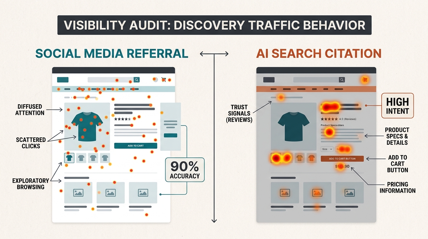 A comparison diagram showing the difference in user behavior between social media referrals and AI search citations.