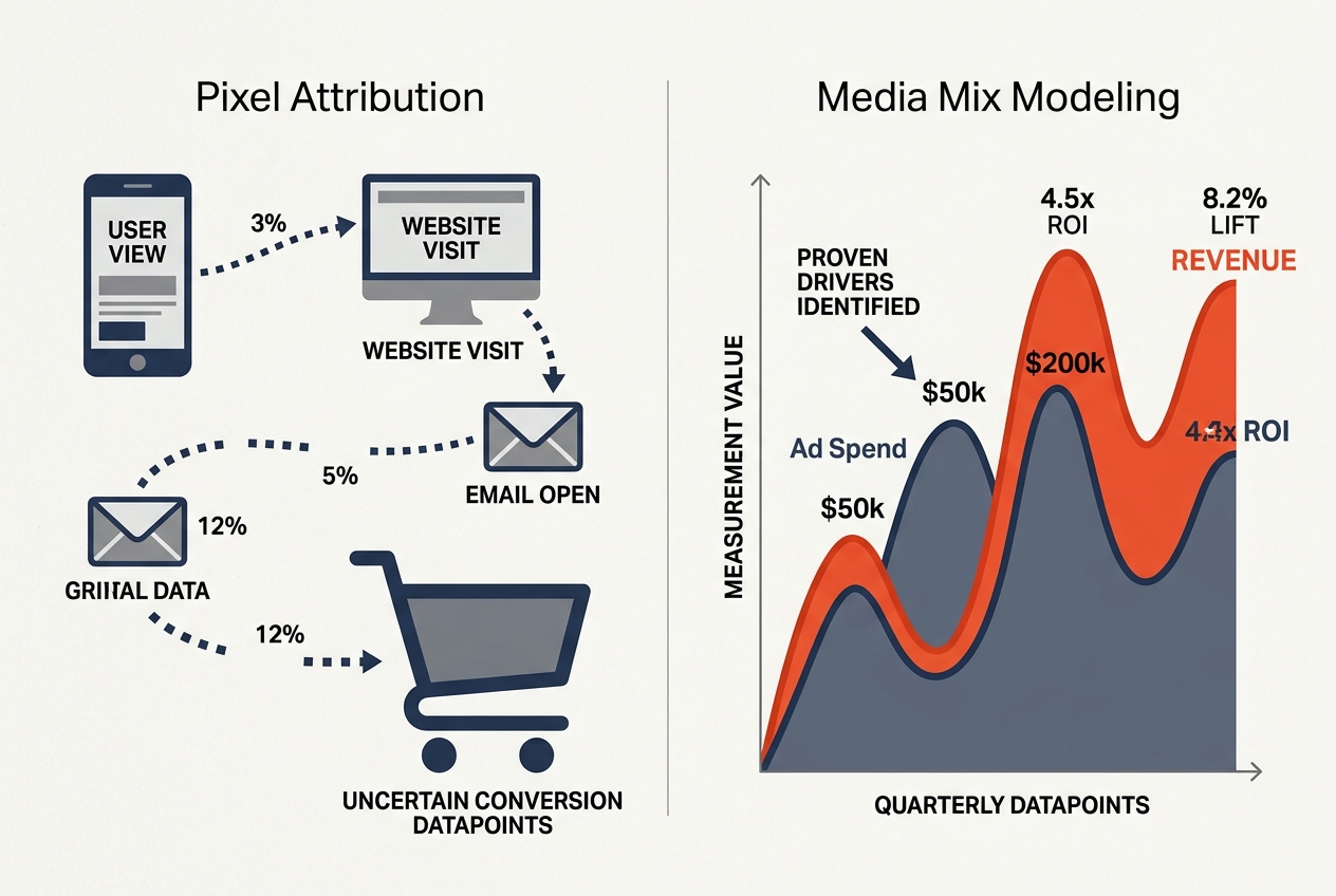 A diagram comparing the fragmented nature of pixel tracking versus the holistic view of Media Mix Modeling.