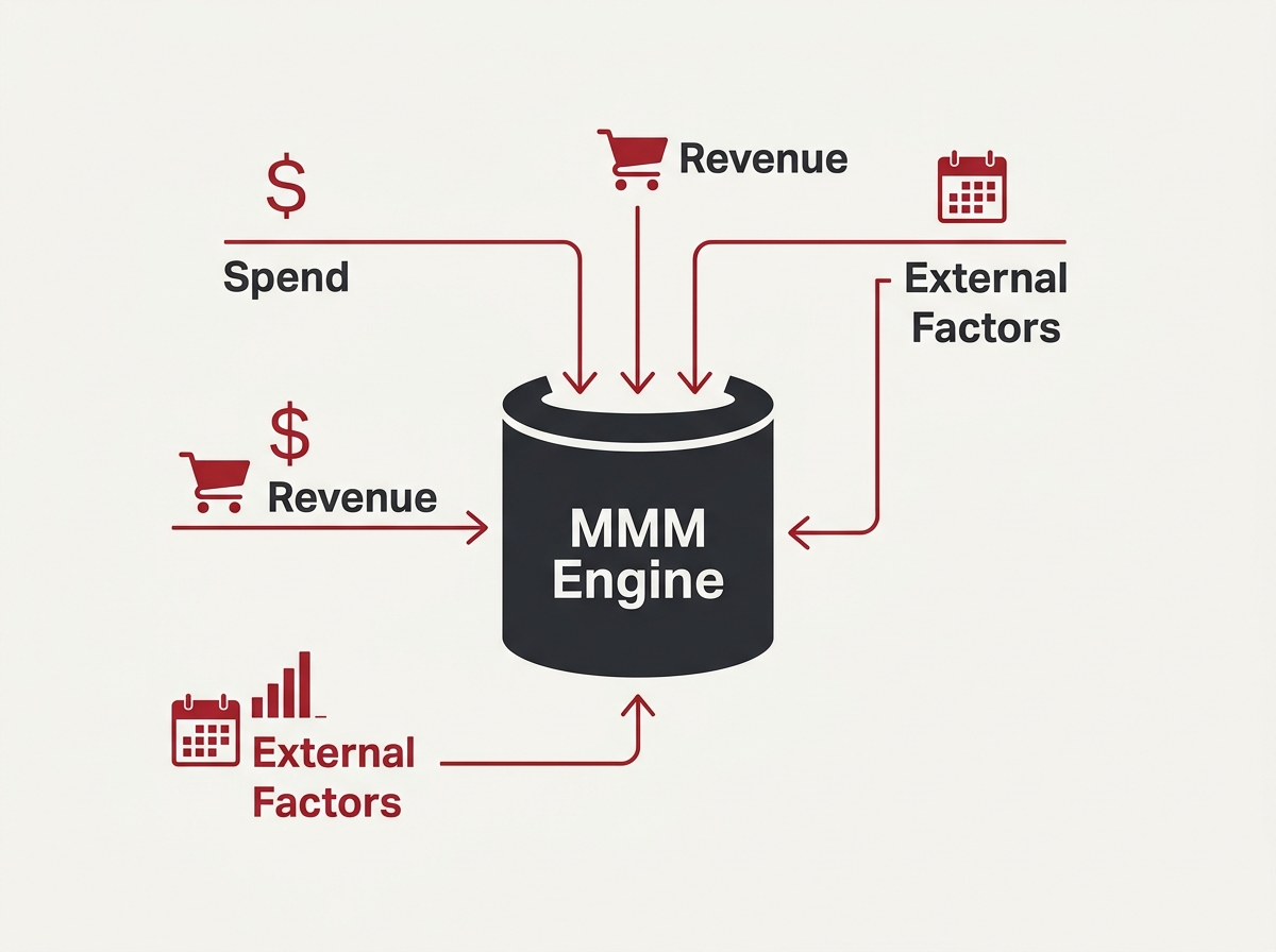 A diagram showing how spend, revenue, and external data are combined for modeling.