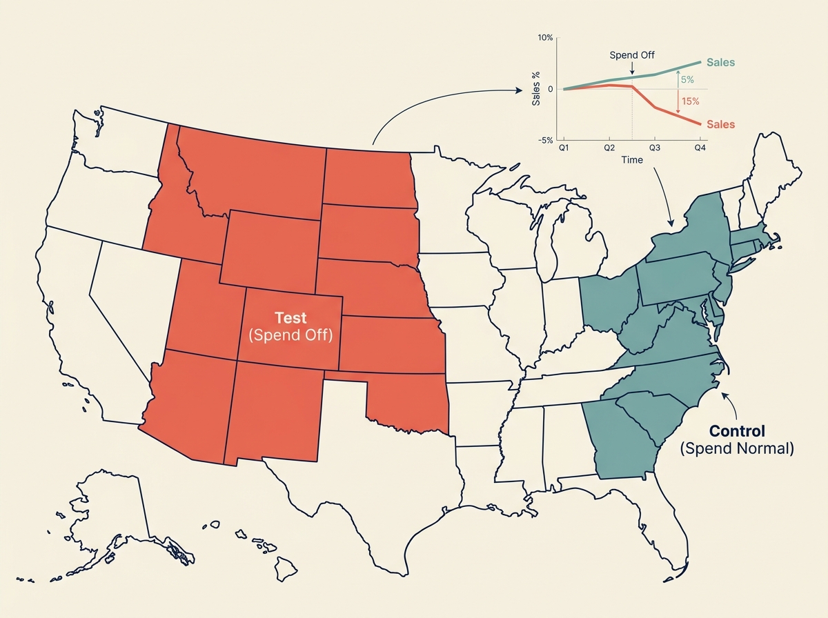 A map showing a geographical split-test setup for marketing incrementality.