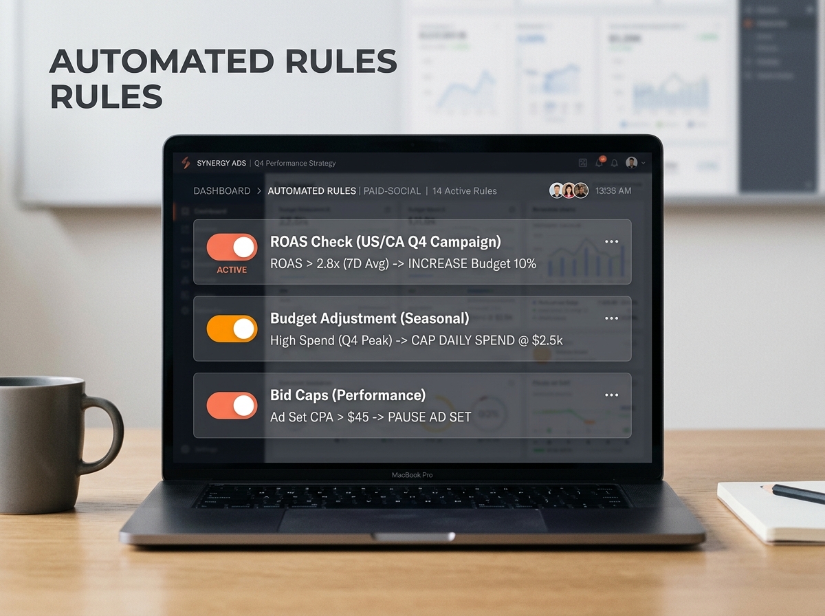 A UI mockup showing how to set up automated rules for budget pacing in an ad manager.