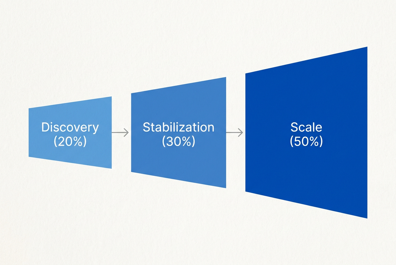 A diagram of the 20/30/50 budget pacing framework showing increasing spend across three phases.
