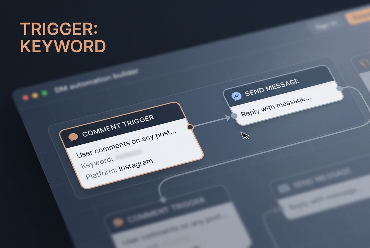 A visual representation of an Instagram DM automation workflow builder.