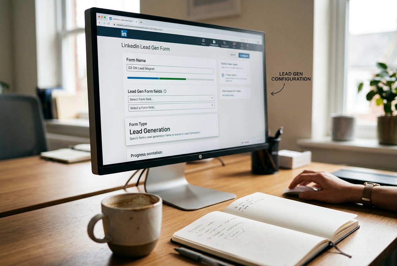 A professional workspace showing the setup of a LinkedIn lead generation form.