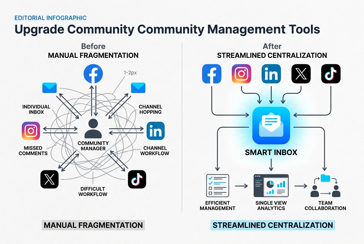 Infographic showing how a unified inbox simplifies social media community management compared to checking multiple apps individually.