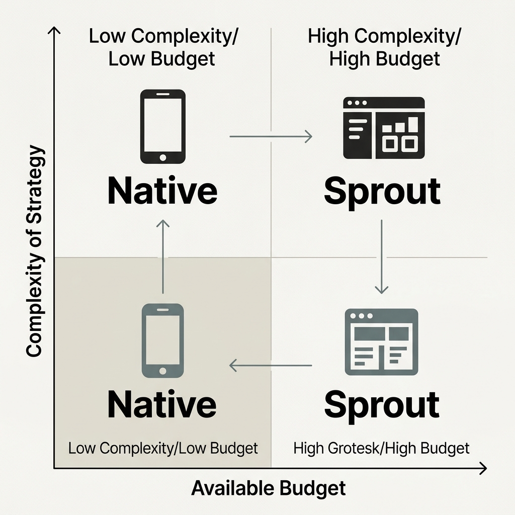 A decision matrix helping marketers choose between native posting and professional tools based on budget and strategy complexity.