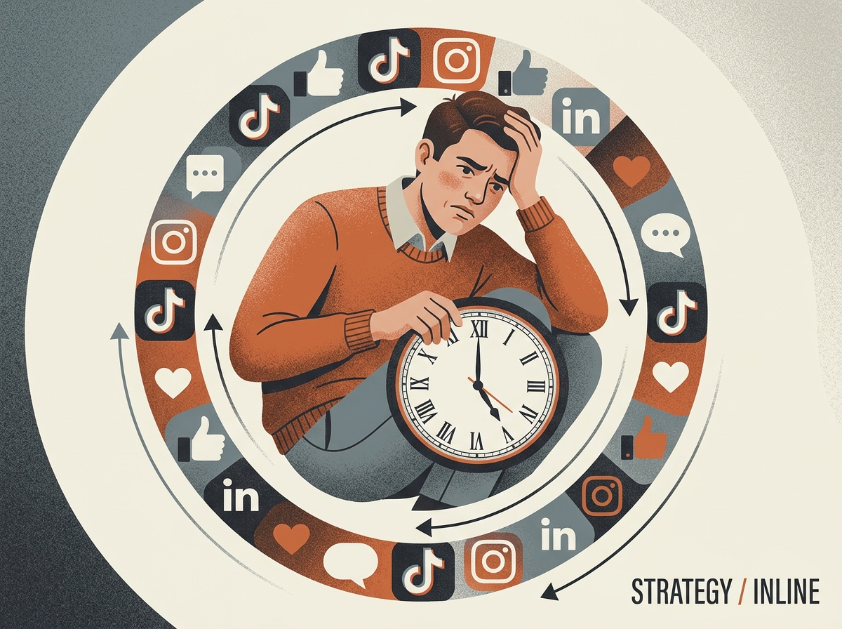 Illustration of a social media manager frustrated by the time-consuming process of switching between different native social platforms.