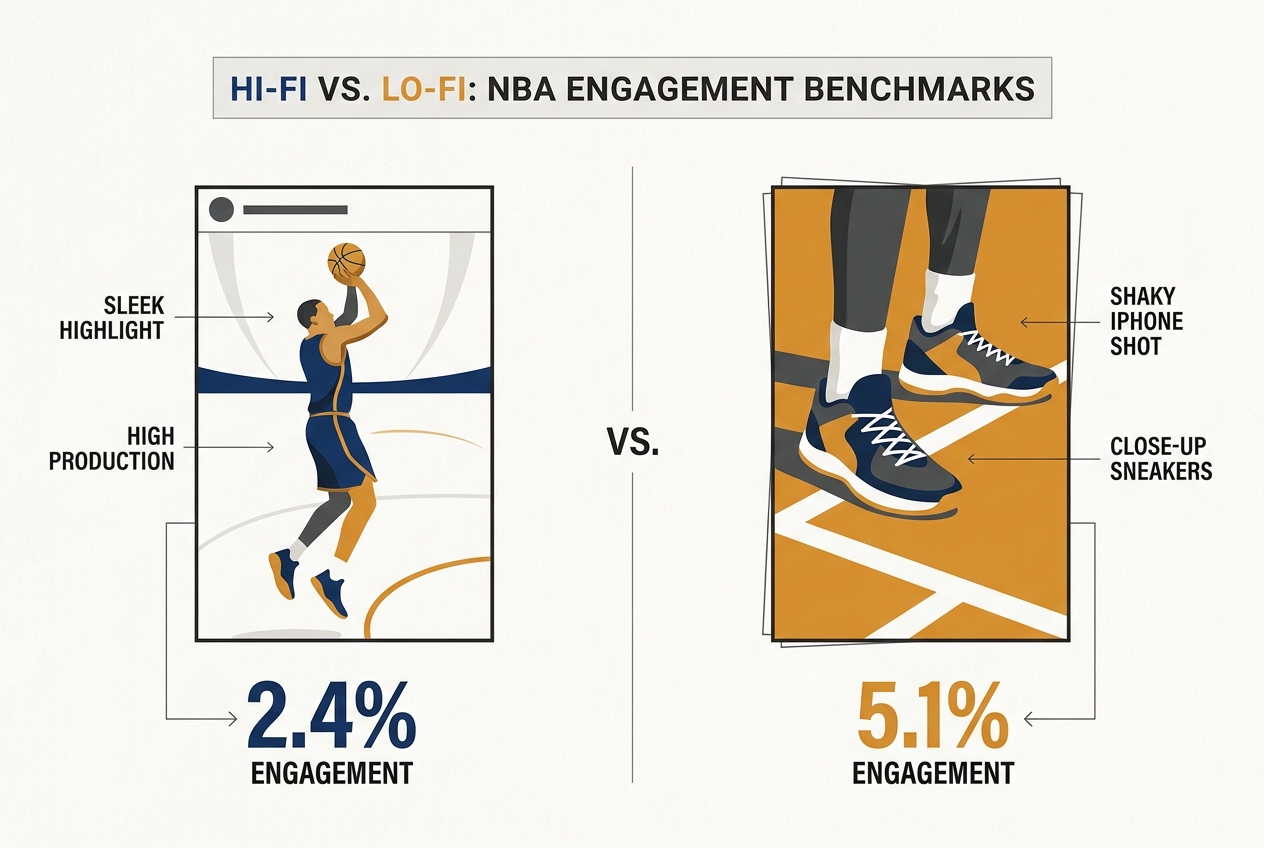 A comparison chart showing that lo-fi content achieves more than double the engagement of high-production content.