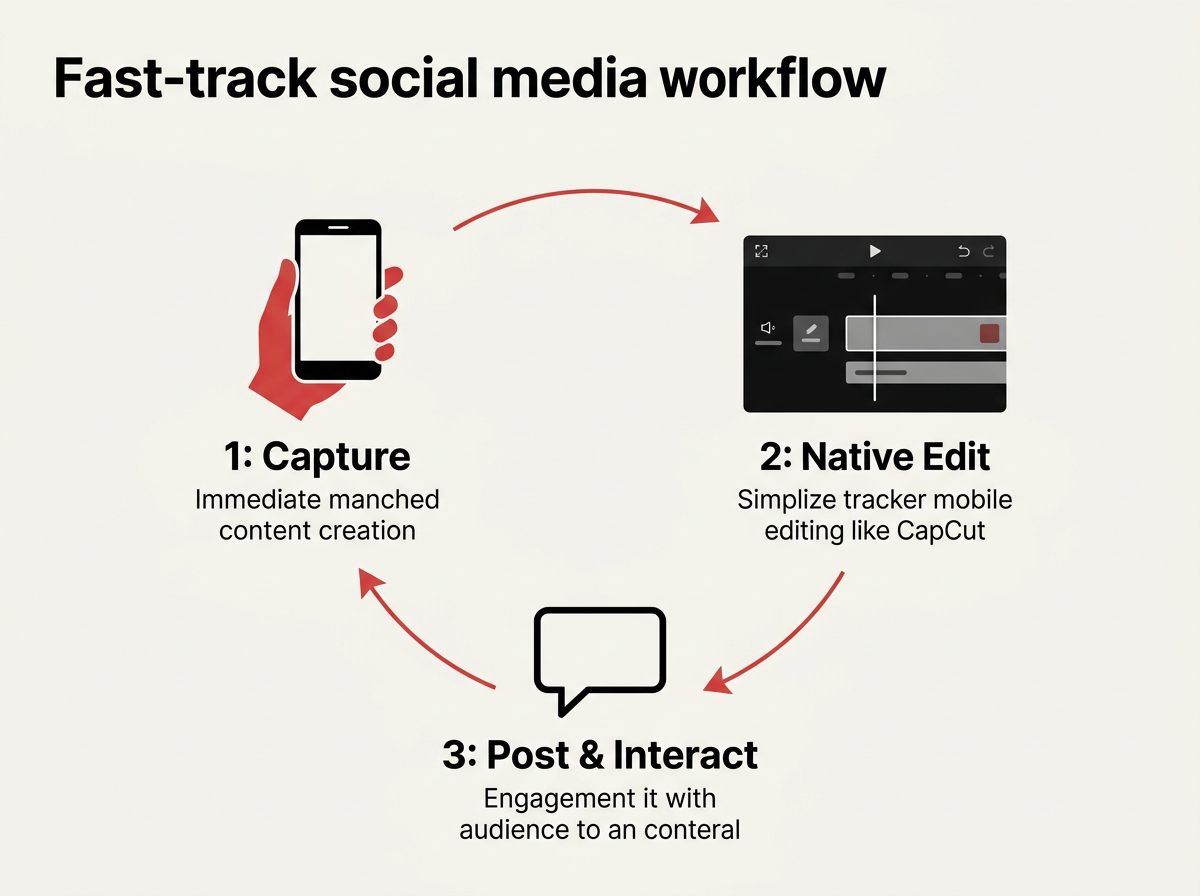An infographic detailing the three steps of a modern, fast-paced social media content workflow.