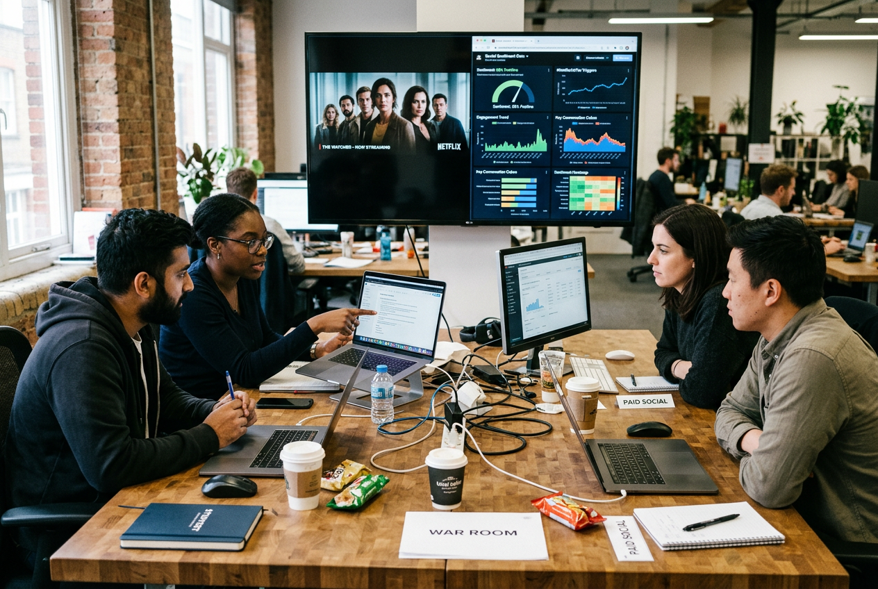 A social media marketing team monitoring real-time data while coordinating a cross-platform streaming and social campaign.