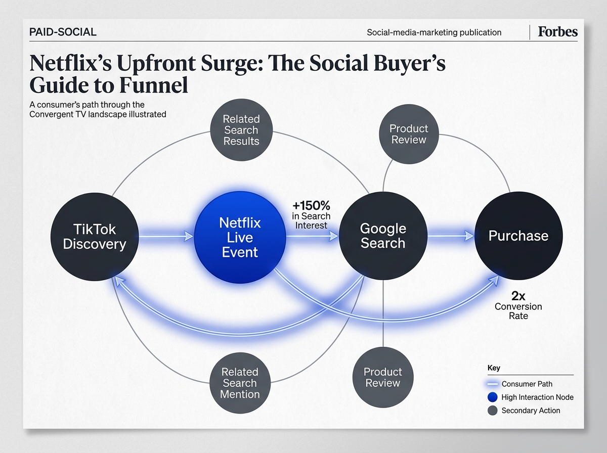 A diagram showing the non-linear path a consumer takes between streaming TV, social media, and search before buying.