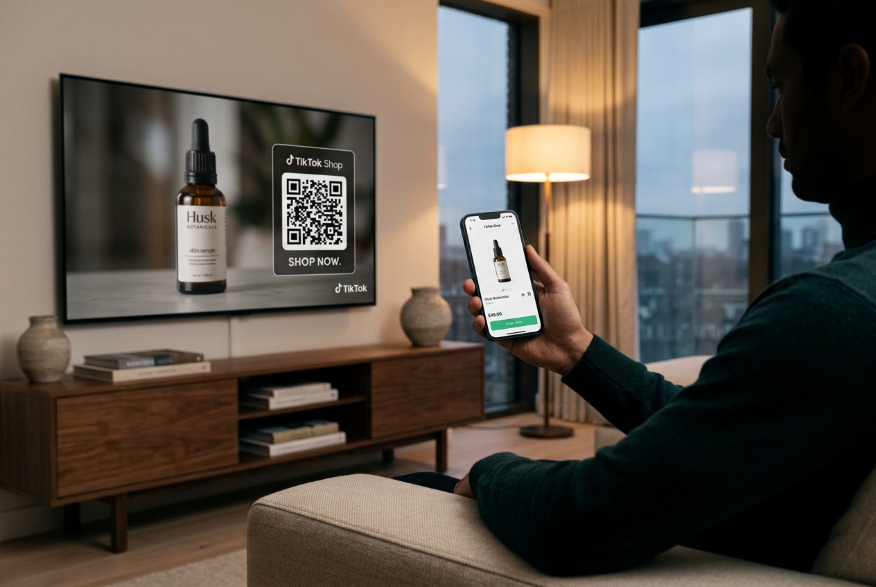 A person using their phone to shop directly from a TV advertisement via a QR code.