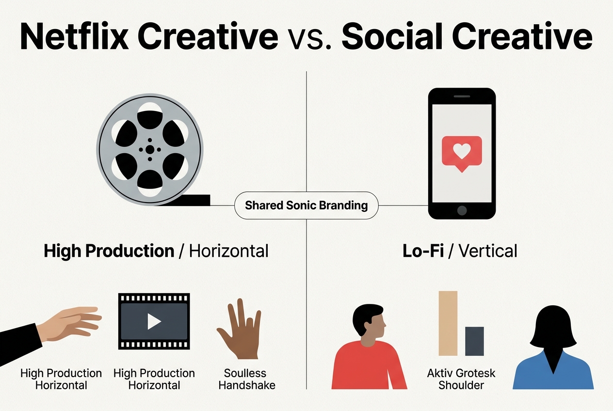 An infographic comparing the creative requirements for Netflix streaming ads versus social media ads.