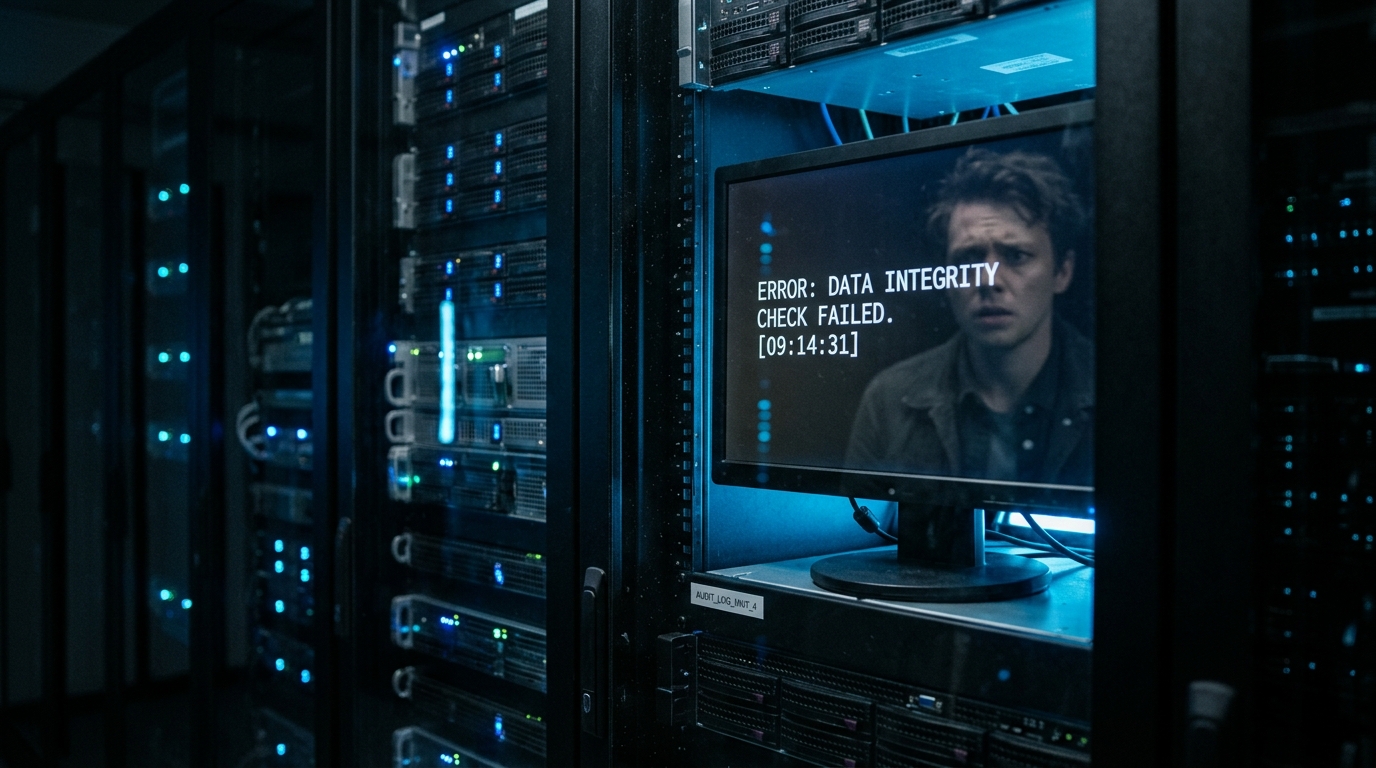 A marketing professional reflecting on a data integrity error in a high-tech server room.