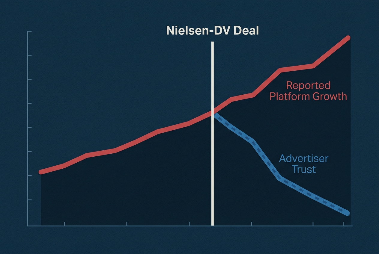 Chart showing the potential divergence between reported growth and advertiser trust after the acquisition.