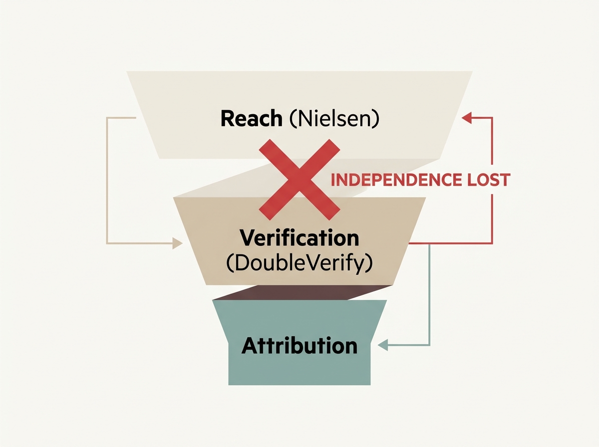 Infographic showing the merger of reach and verification layers in the ad measurement funnel.