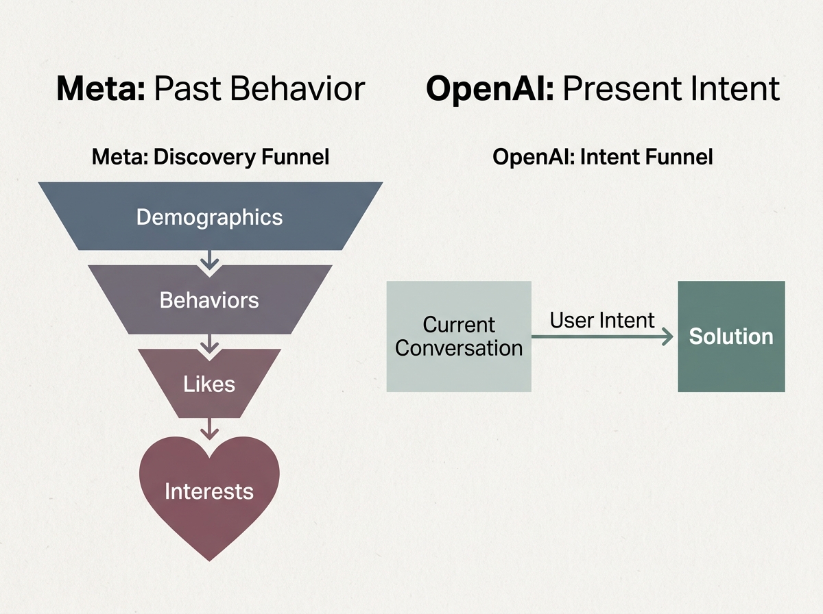 An infographic comparing the targeting methods of Meta and OpenAI, showing the shift from historical data to real-time intent.