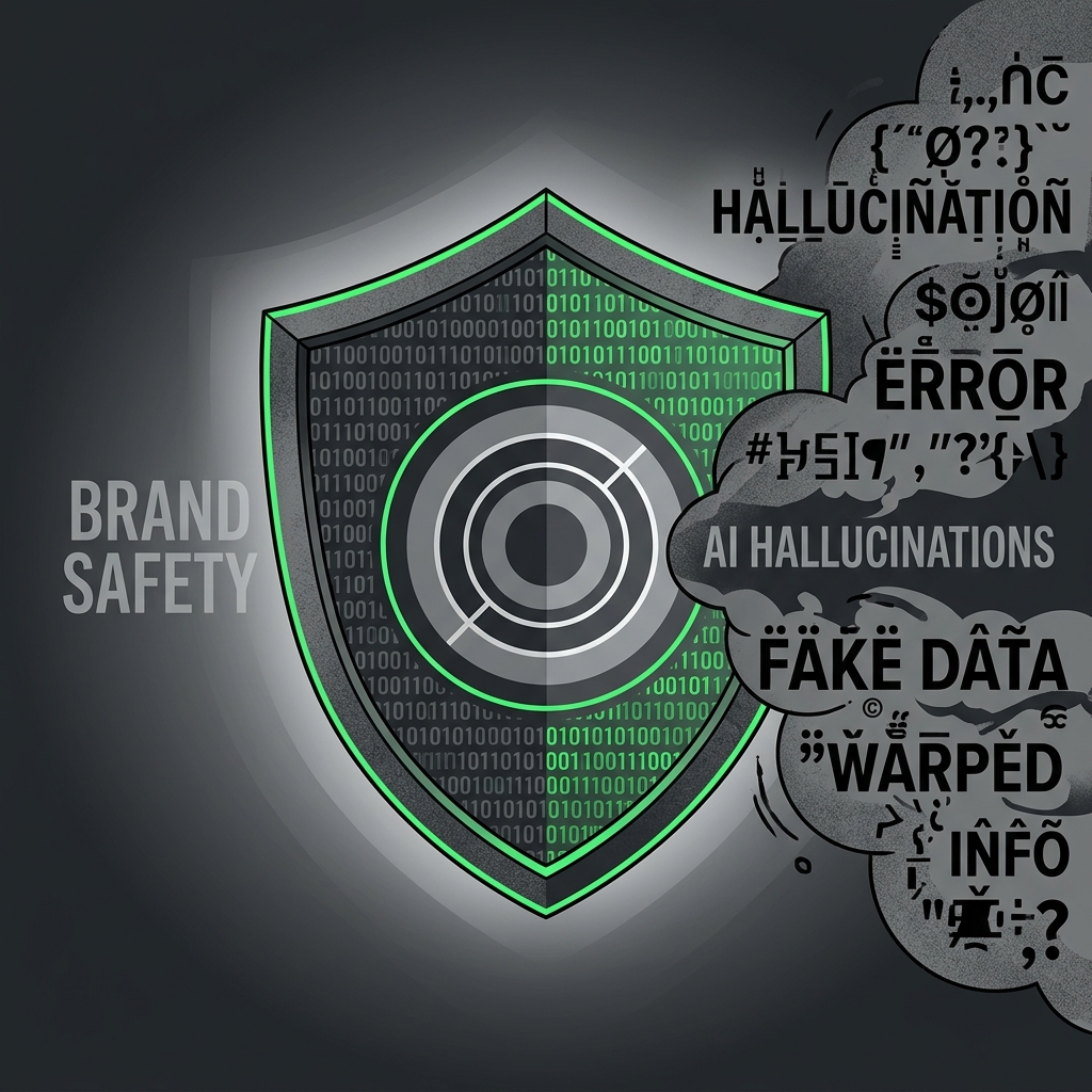An illustration symbolizing brand safety in AI environments, featuring a digital shield protecting a logo from chaotic data.