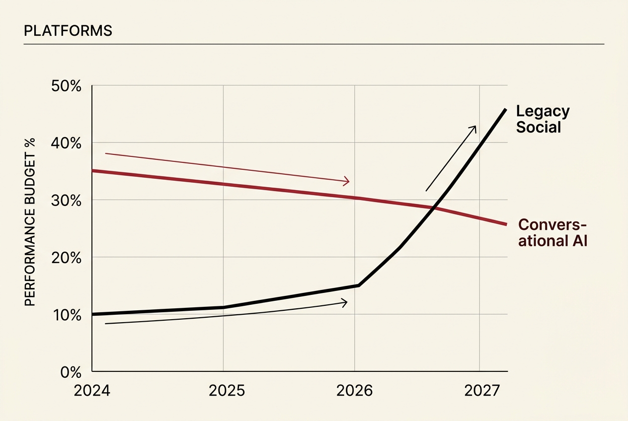 A line graph illustrating the projected shift of marketing budgets from social media to conversational AI platforms over the next three years.