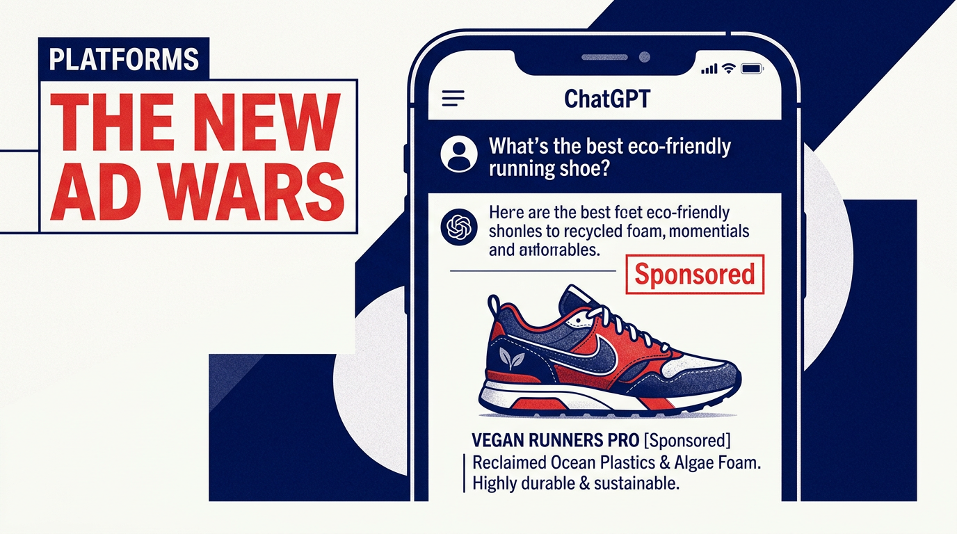 A conceptual magazine cover showing a ChatGPT interface with a sponsored product recommendation for running shoes.