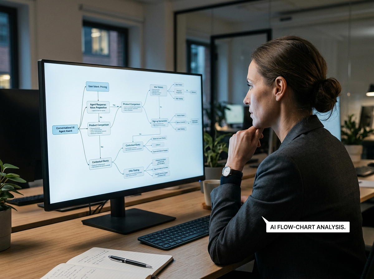 A marketing professional analyzing the logic flow of a conversational AI business agent on a large office monitor.