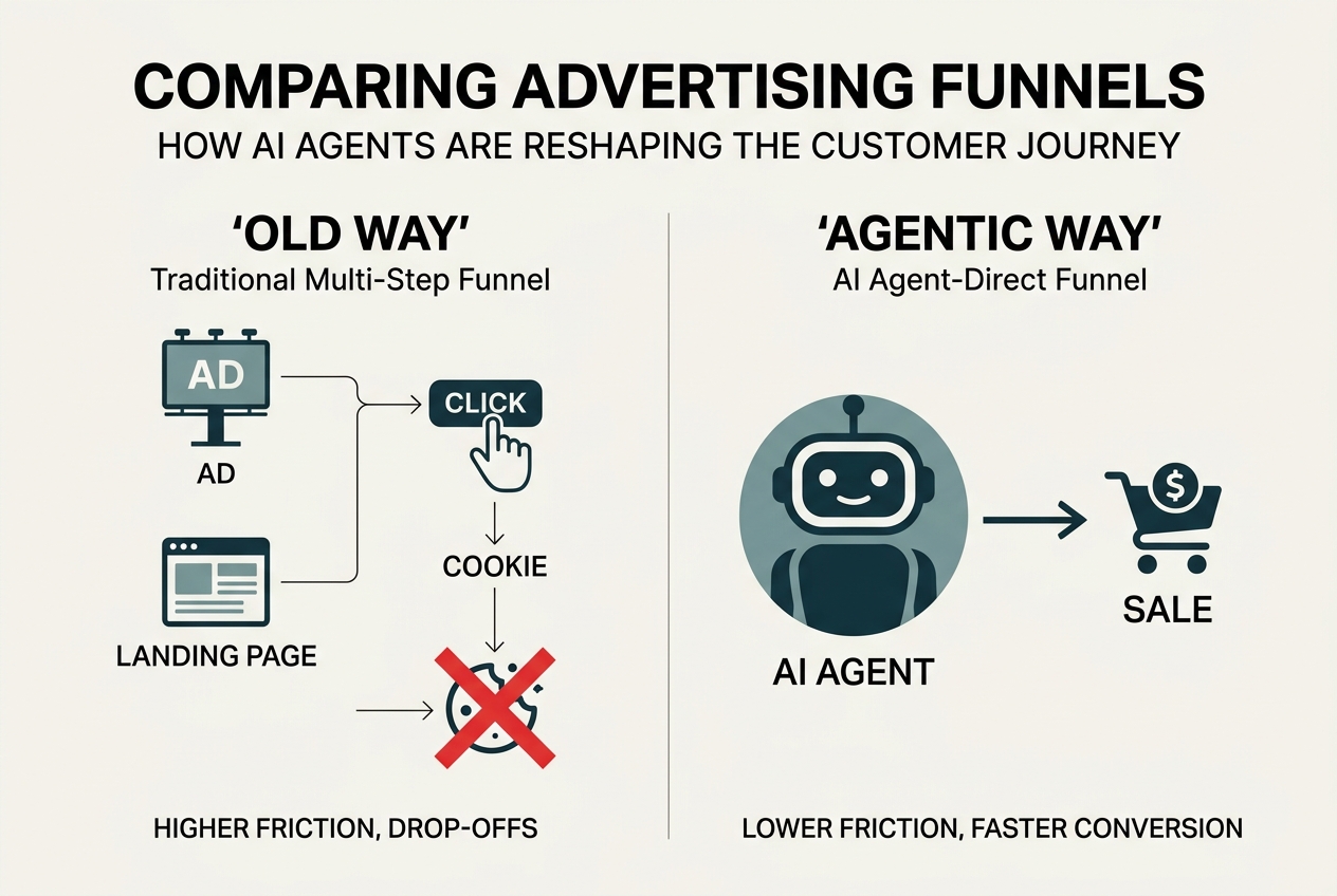 A diagram comparing the traditional multi-step web conversion funnel with the streamlined AI agentic funnel.