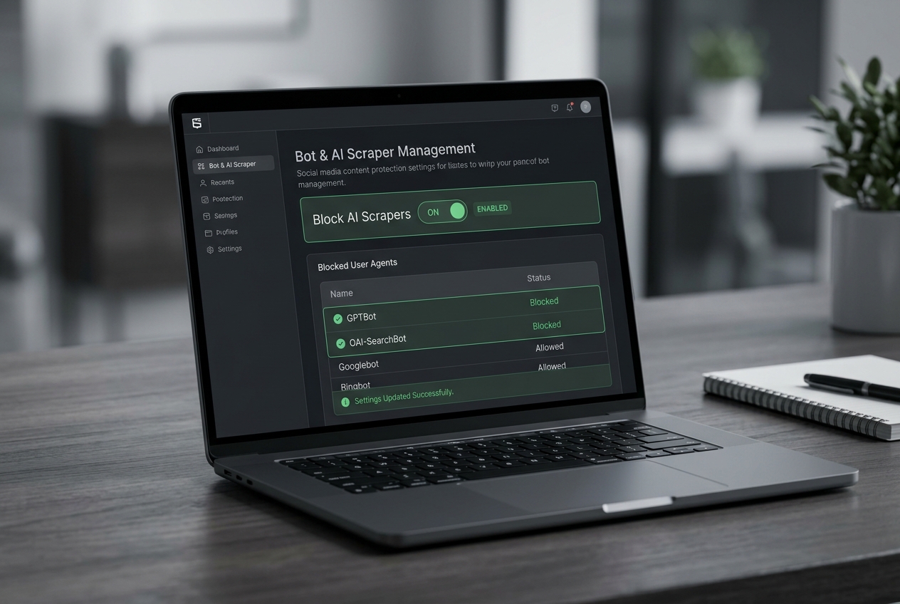 A mockup of a web security dashboard showing AI crawlers being blocked.