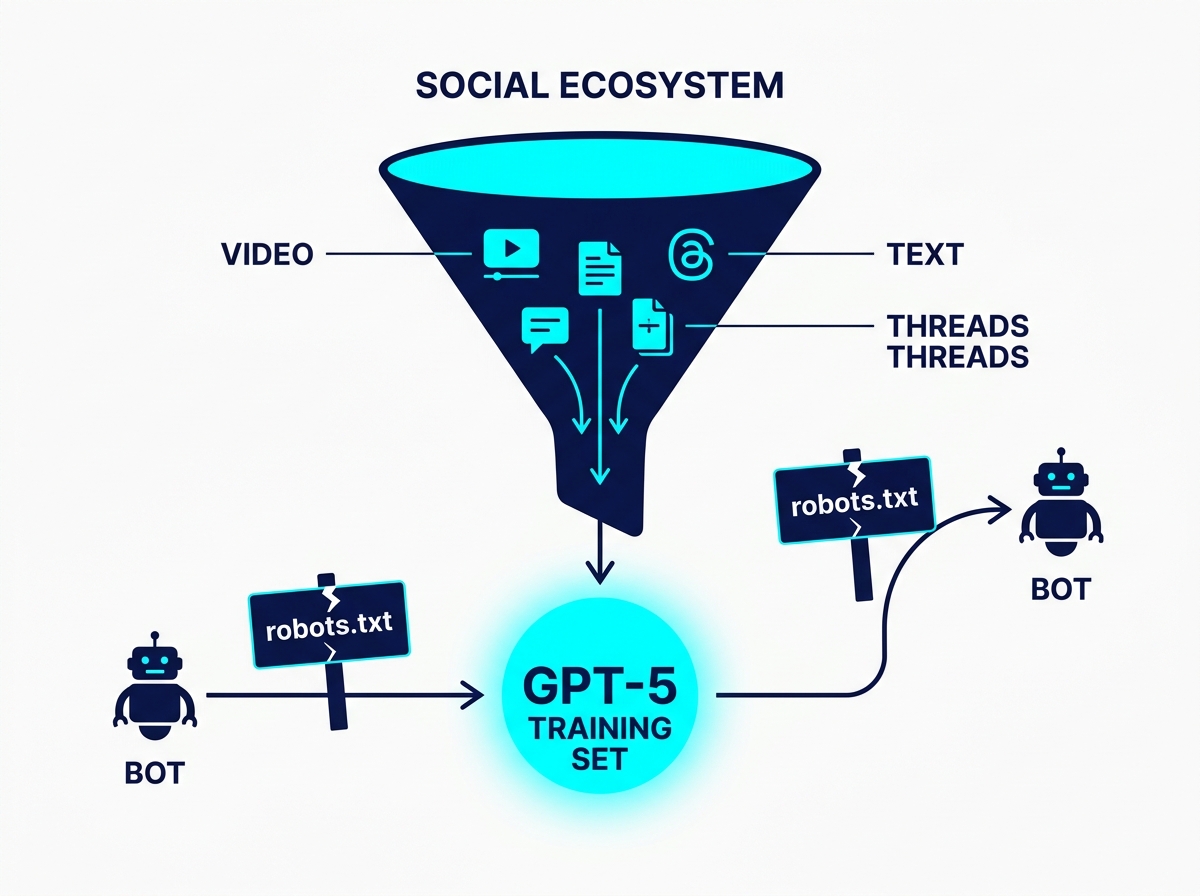 An infographic showing social media data bypassing a robots.txt file to enter an AI training model.