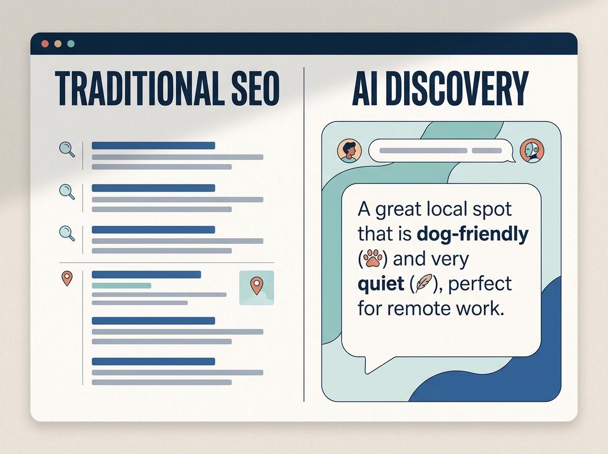 Comparison between traditional search engine results and AI-driven conversational discovery.
