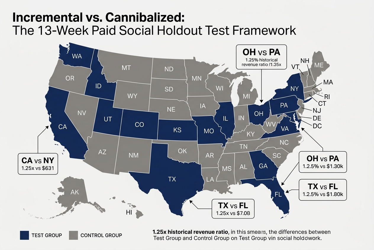 A map diagram showing how to divide geographic regions into test and control groups for a marketing holdout study.