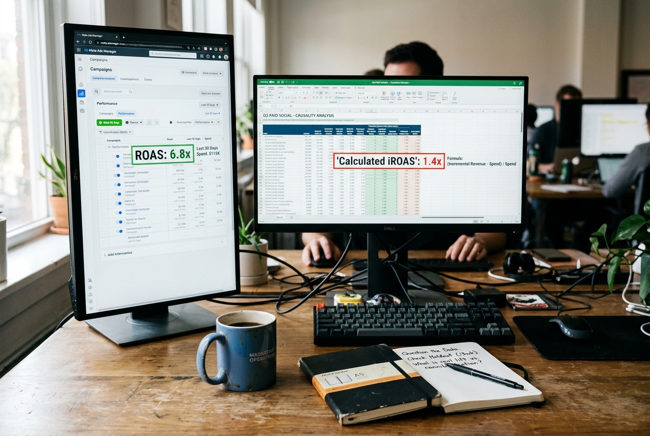 A split-screen view comparing high platform-reported ROAS with lower calculated incremental ROAS on a spreadsheet.