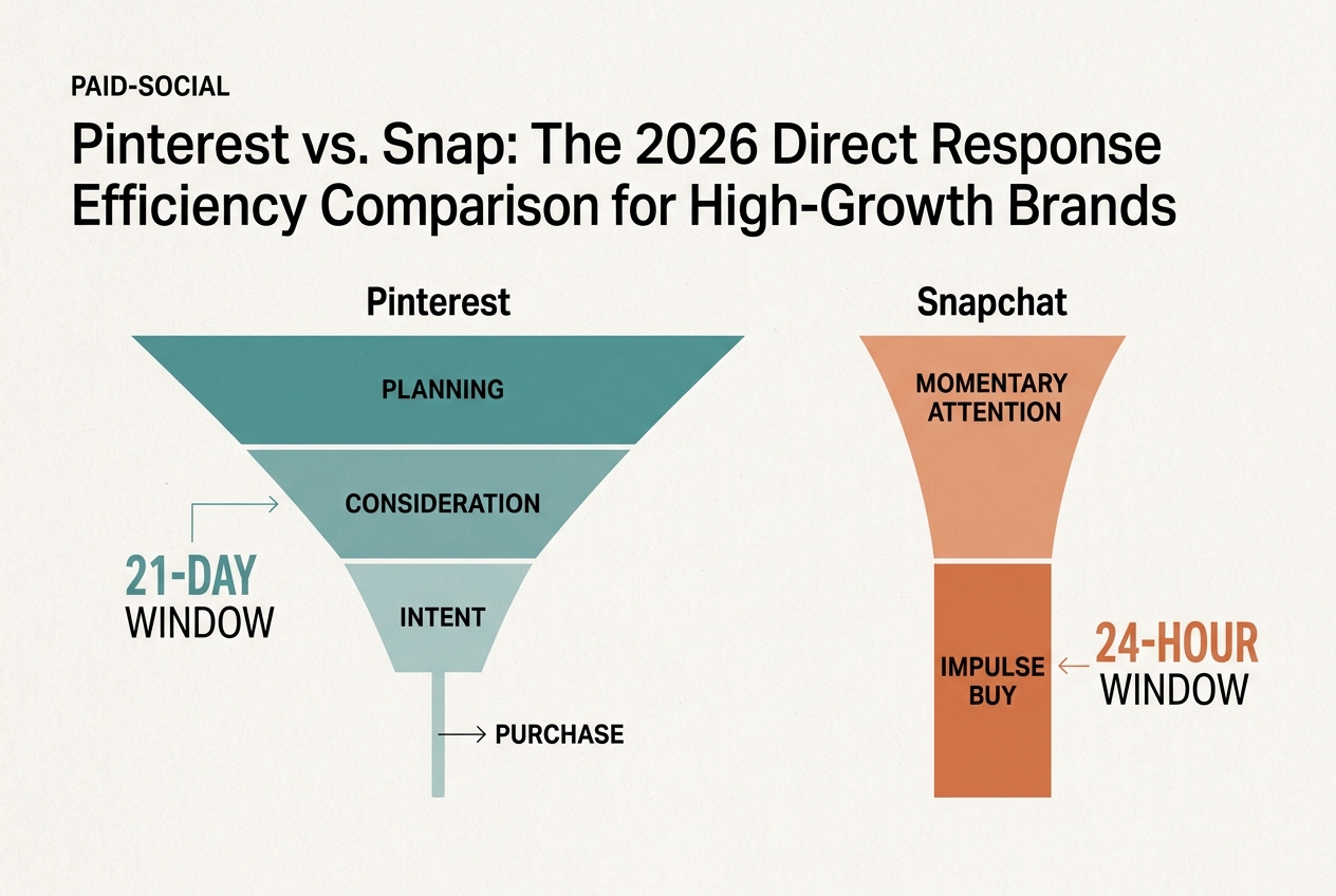 Infographic comparing the conversion windows and funnel shapes of Pinterest and Snapchat ads.