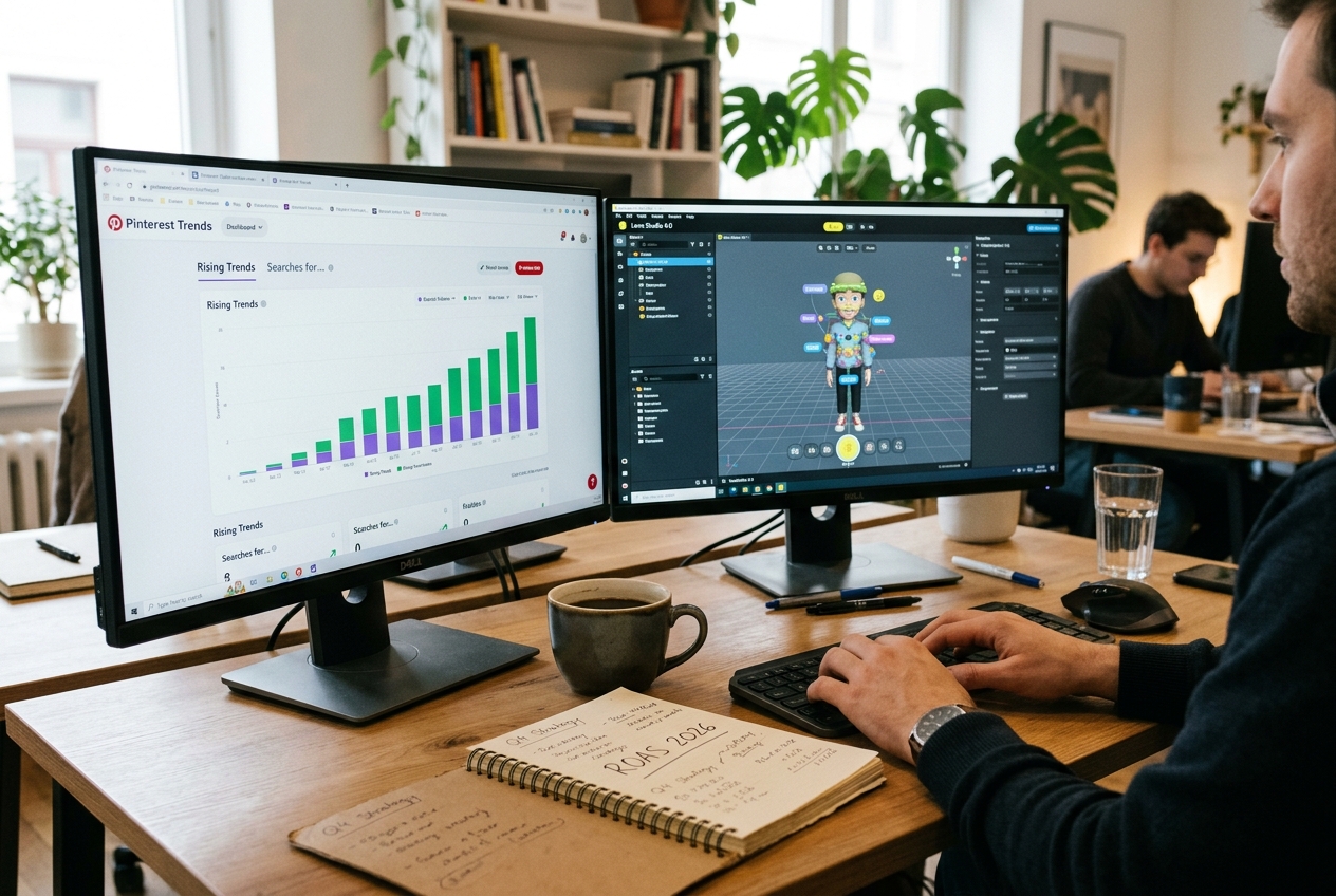 A professional workspace showing the tools used to manage Pinterest and Snapchat ad campaigns.