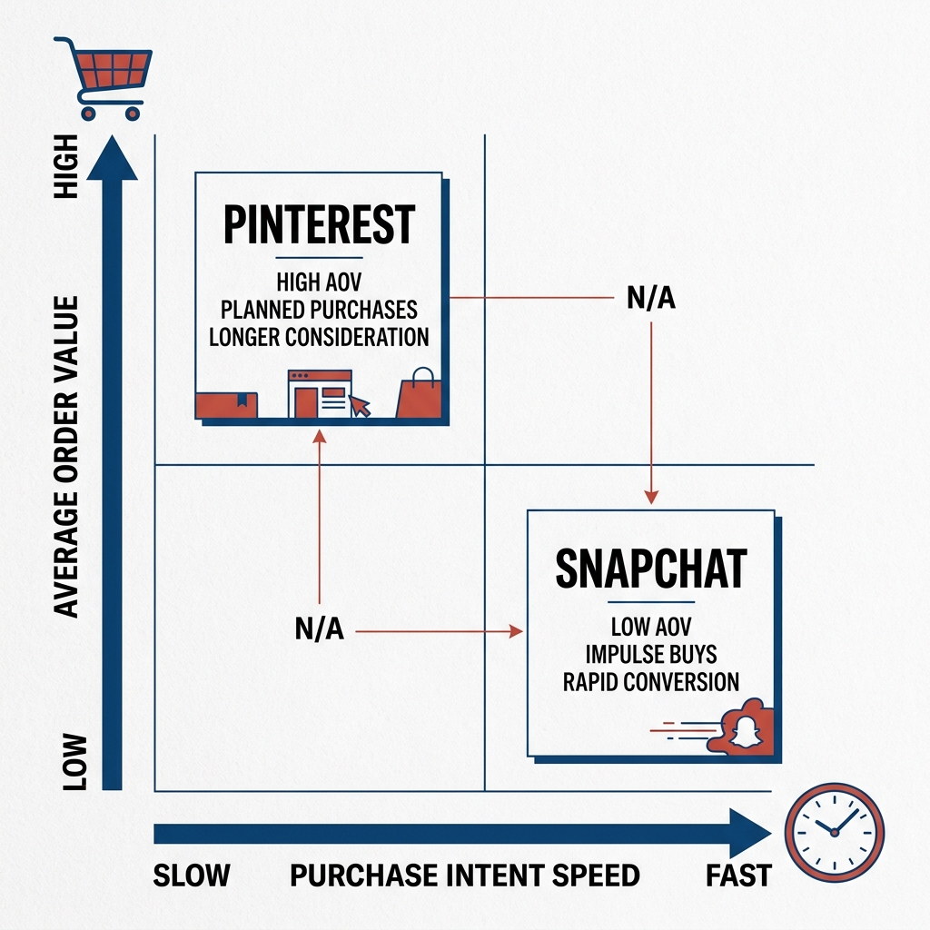 Strategy matrix positioning Pinterest and Snapchat based on purchase speed and order value.