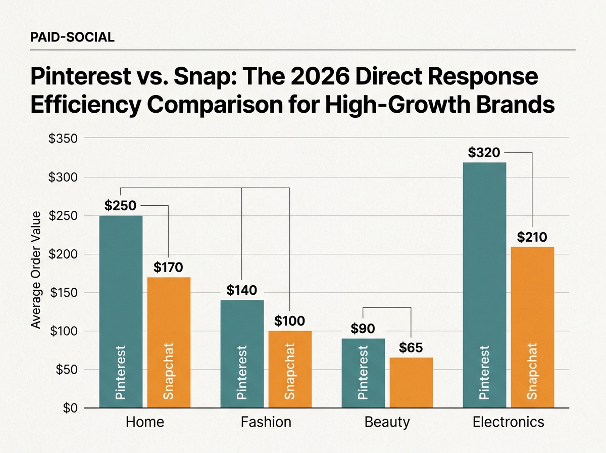 Bar chart showing Pinterest leading Snapchat in Average Order Value across multiple retail categories.