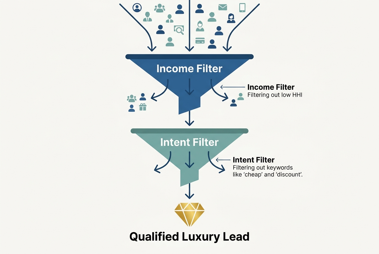 Infographic showing the layering of household income exclusions and negative keywords for luxury marketing.