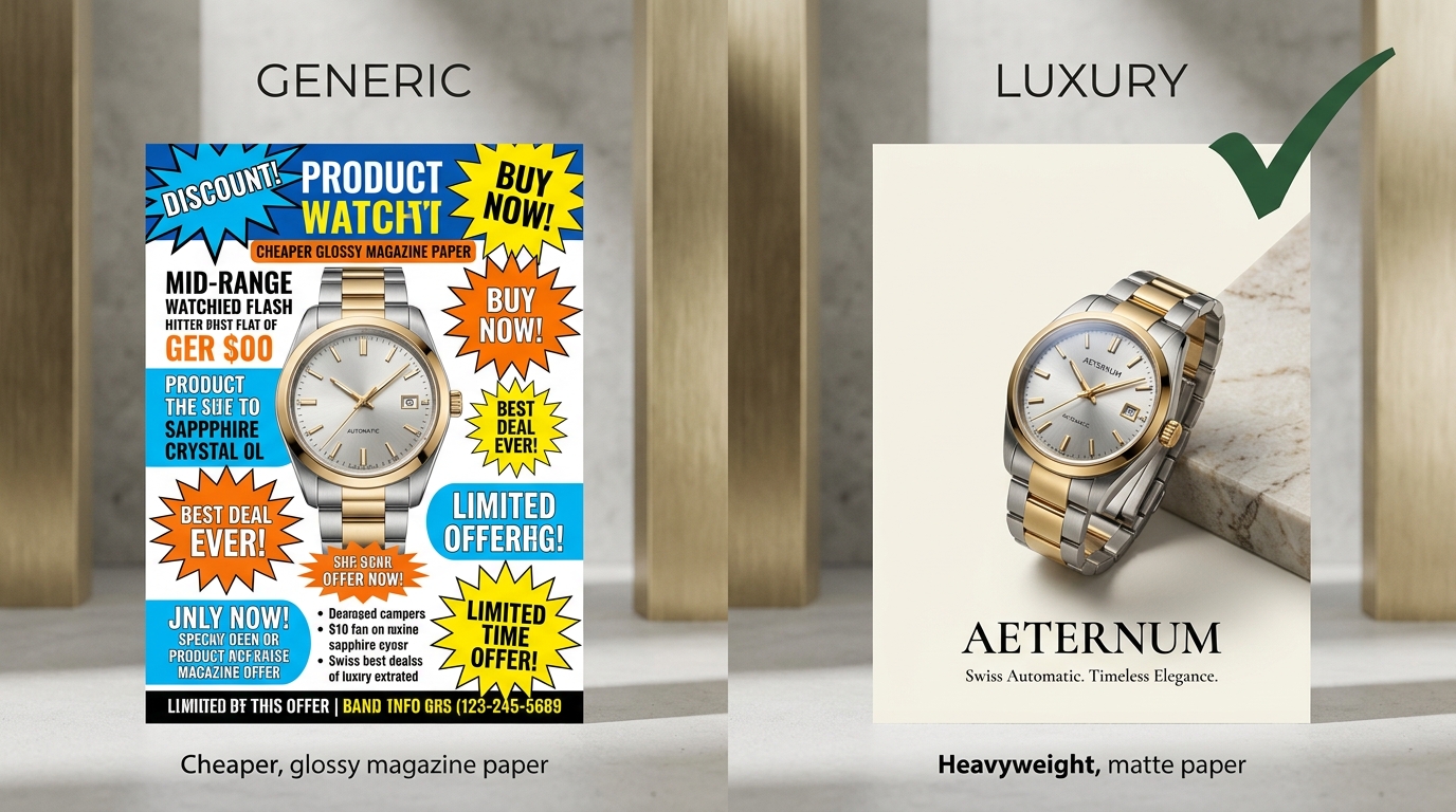 Comparison of a generic ad layout versus a high-end luxury ad layout with minimalist design.
