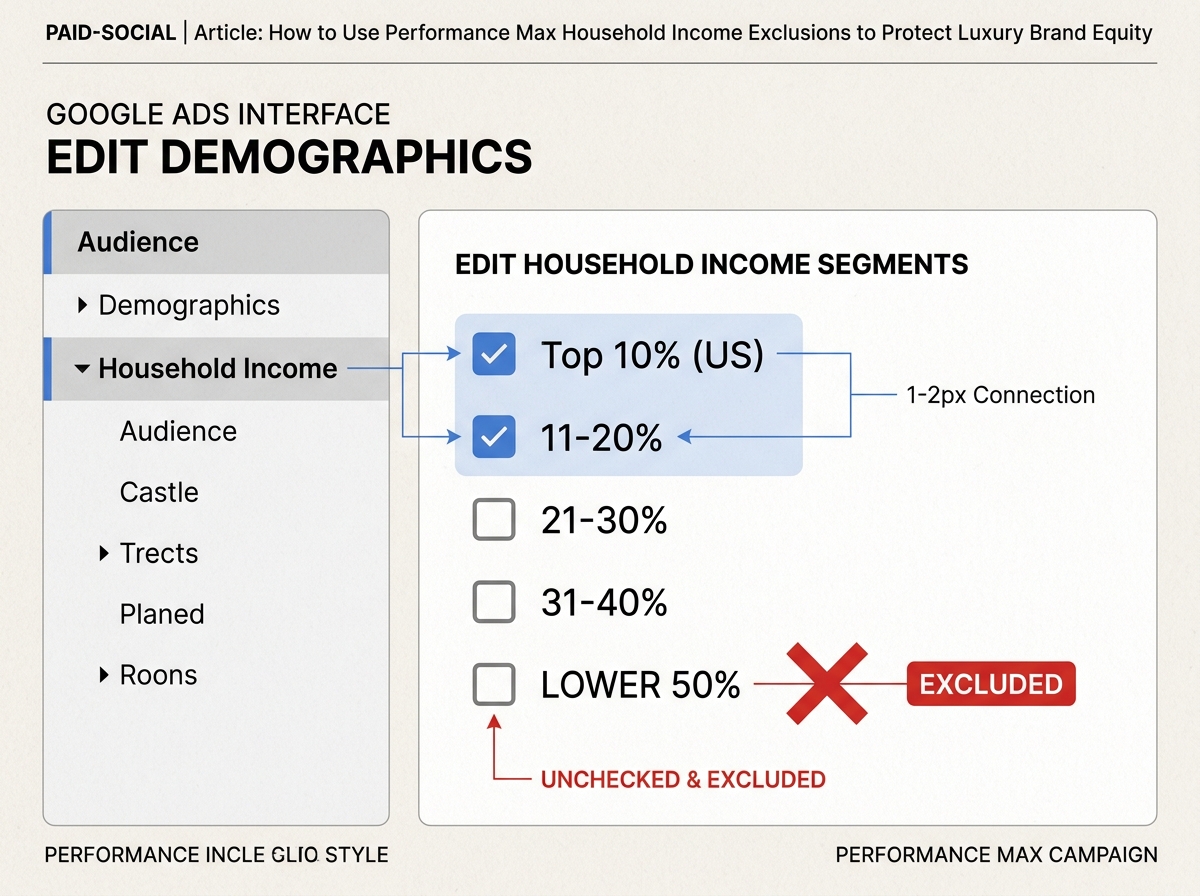 Diagram showing how to unselect lower income brackets in the Google Ads Performance Max settings.