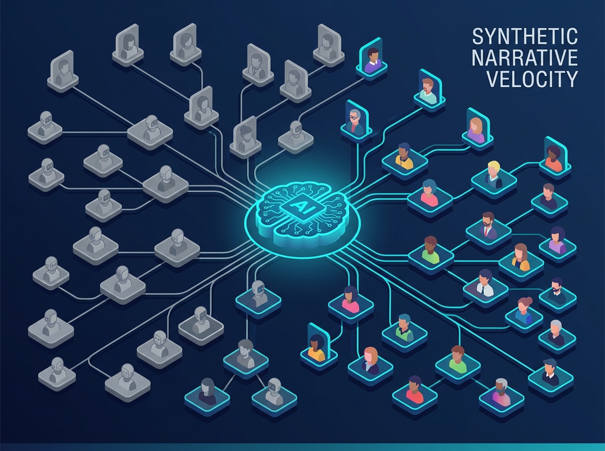 Isometric map showing how AI-driven networks spread political narratives.