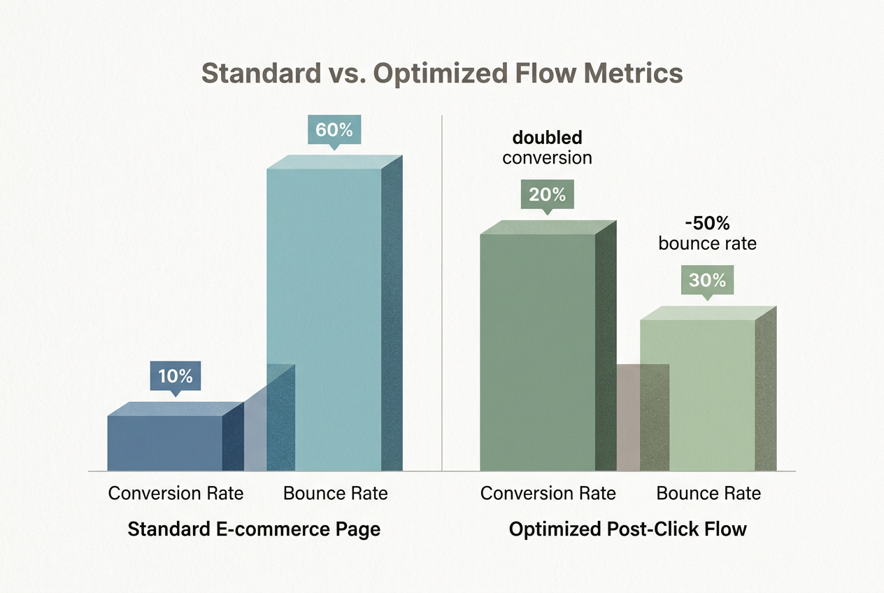 A bar chart showing that optimized post-click flows significantly outperform standard e-commerce pages in conversion and bounce rates.