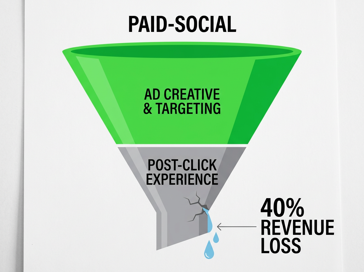 A funnel diagram showing a significant leak at the post-click stage, representing lost revenue due to poor landing page optimization.
